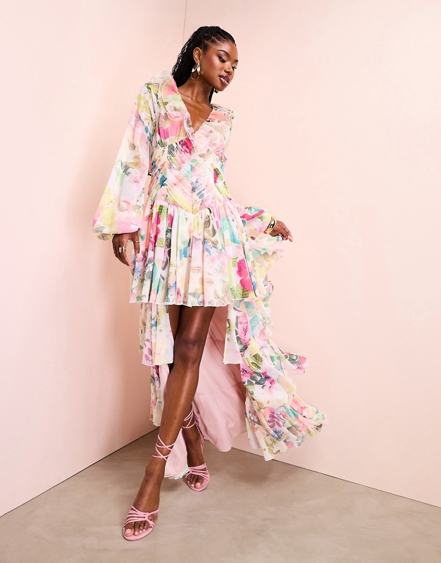 ASOS LUXE organza ruffle high low maxi dress in floral print-Multi