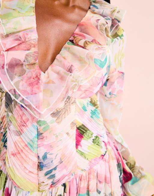 ASOS LUXE organza ruffle high low maxi dress in floral print, 3 of 4