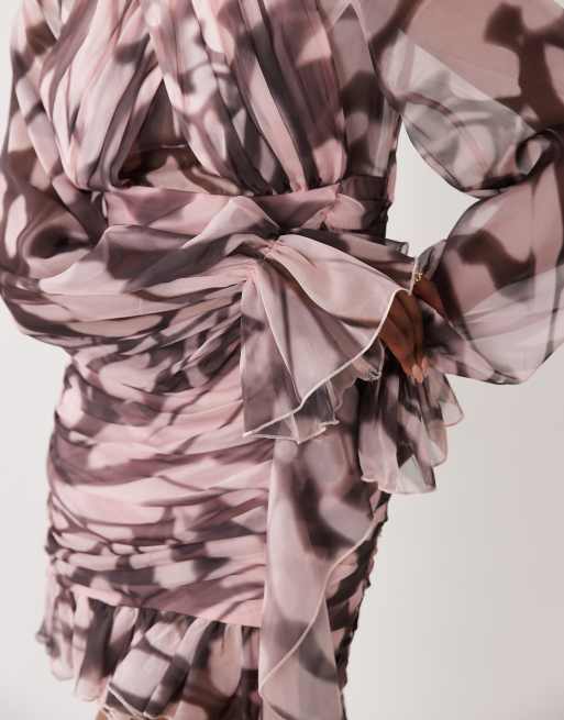 ASOS LUXE organza ruffle long sleeve mini dress in blurred print, 3 of 4