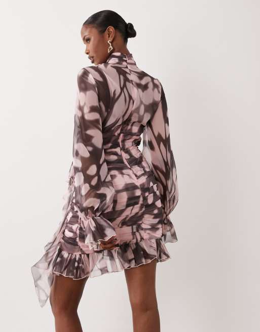ASOS LUXE organza ruffle long sleeve mini dress in blurred print, 4 of 4