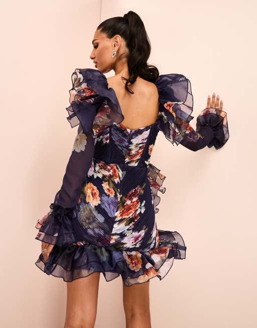 Dancing Blossoms Green Floral Print Pleated Long Sleeve Romper