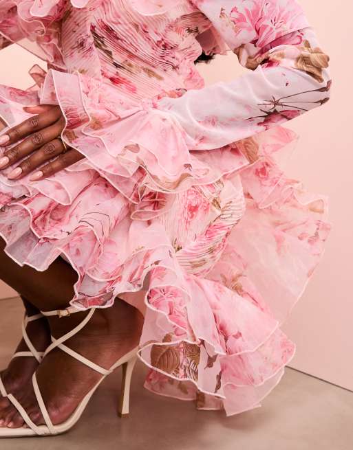 ASOS LUXE organza ruffle ruched long sleeved mini dress in