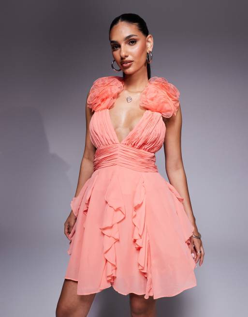 ASOS LUXE Organza ruffle skater mini dress in pink