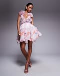 [ASOS LUXE] ASOS LUXE organza ruffle skater mini dress in watercolour print-Pink 8 MULTI