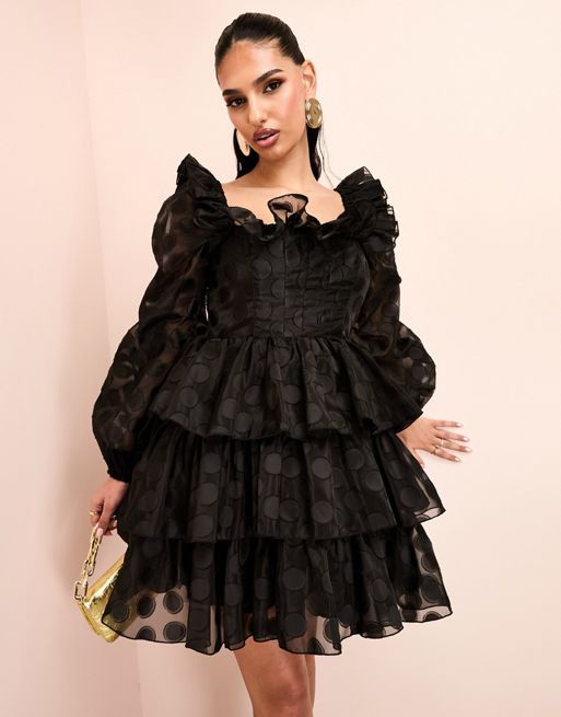 CerbeShops LUXE organza tiered polka dot mini dress stone with blouson sleeve and ruffle detail in black
