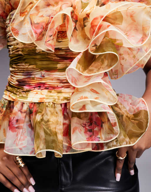 ASOS LUXE organza top with ruffle details in patchwork floral print