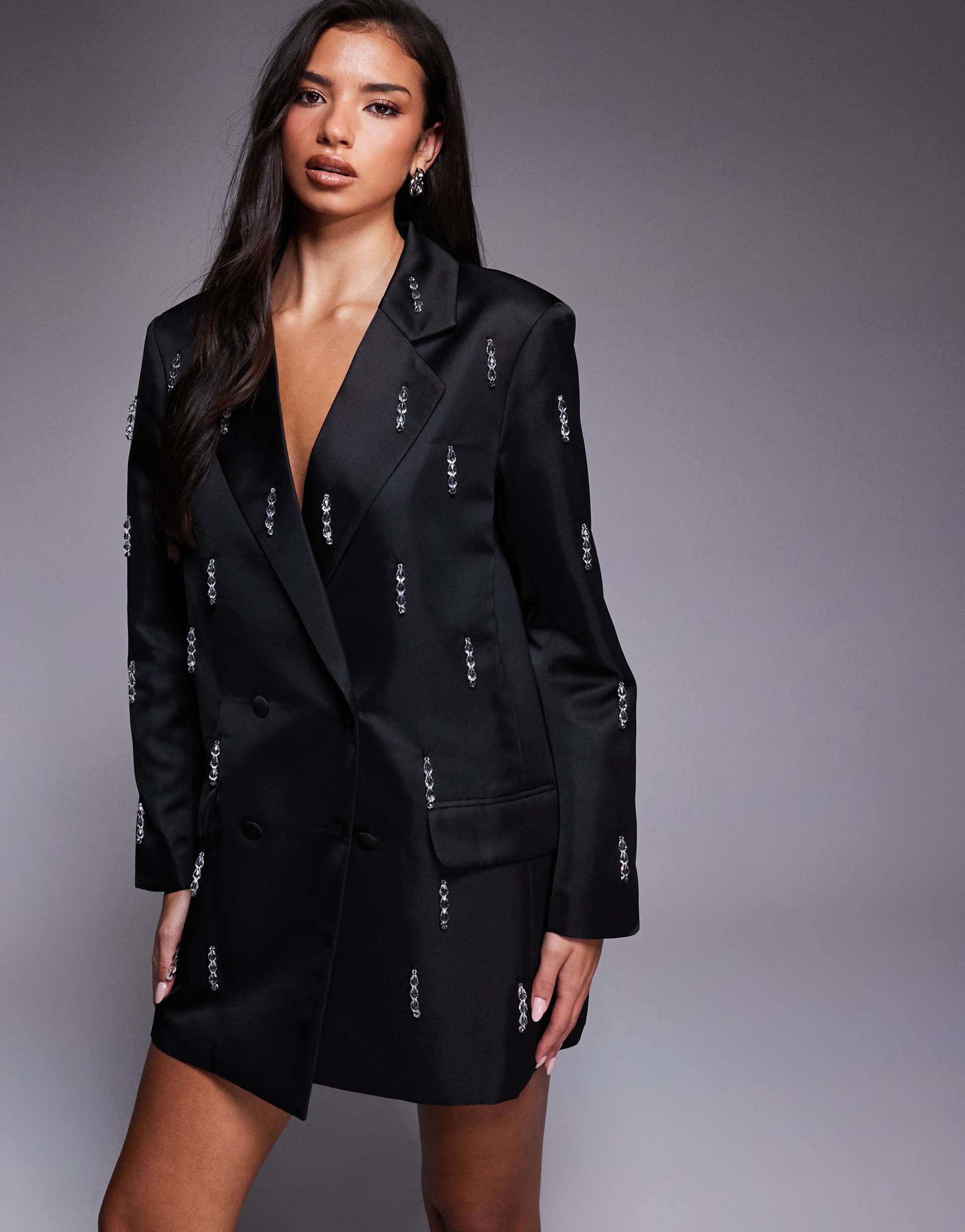 asos luxe oversized blazer dress with beaded fringe in black