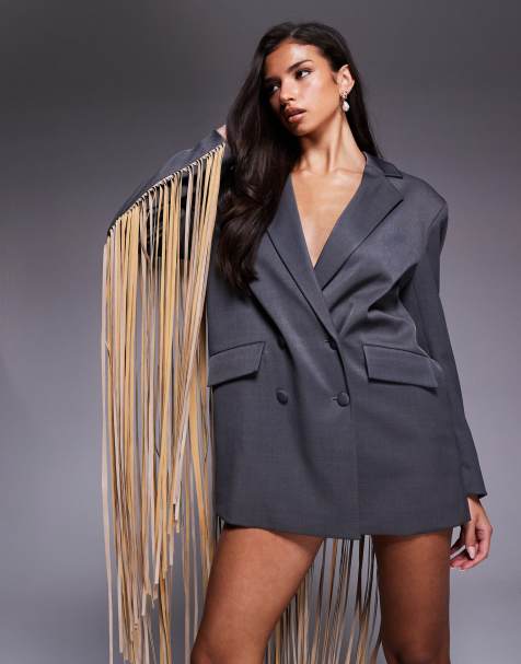 ASOS LUXE oversized blazer dress with faux leather fringing in gray - view 1