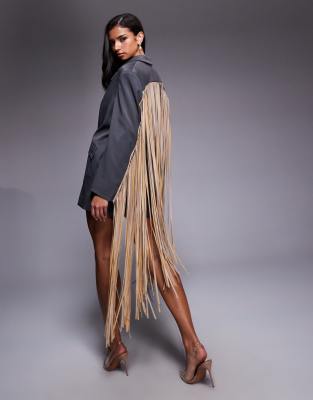 Asos Luxe Oversized Blazer Dress With Faux Leather Fringing In Gray