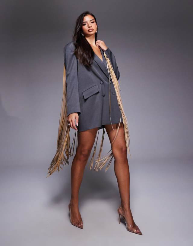 ASOS LUXE oversized blazer dress with faux leather fringing in grey
