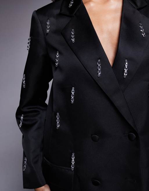 ASOS LUXE - Oversized blazerjurk met kralenfranje in zwart, 2 van 4