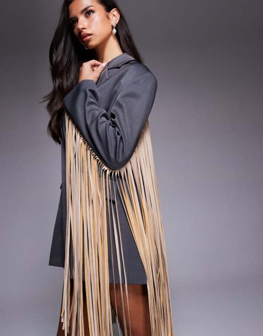 ASOS LUXE - Oversized blazerjurk met ruches van imitatieleer in grijs, 4 van 4