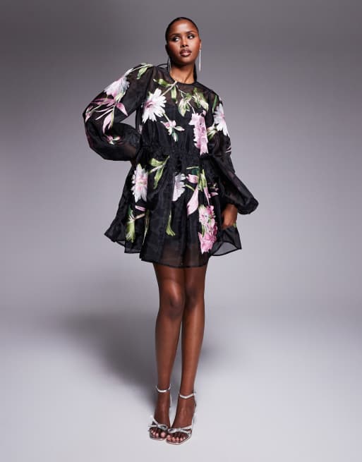 ASOS LUXE oversized organza mini smock dress with floral embroidery in black