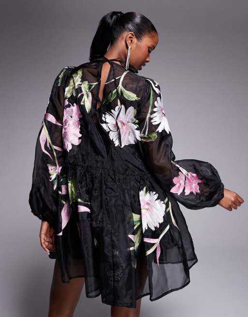 ASOS LUXE oversized organza mini smock dress with floral embroidery in black