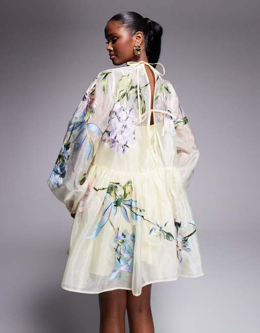 ASOS LUXE oversized organza mini smock dress with floral embroidery in buttermilk