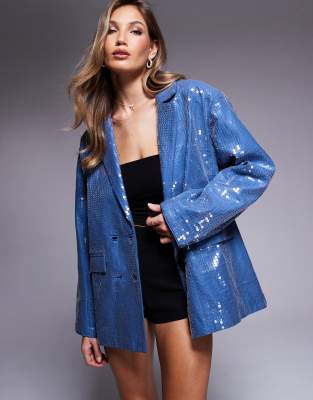 oversized sequin blazer dress in blue