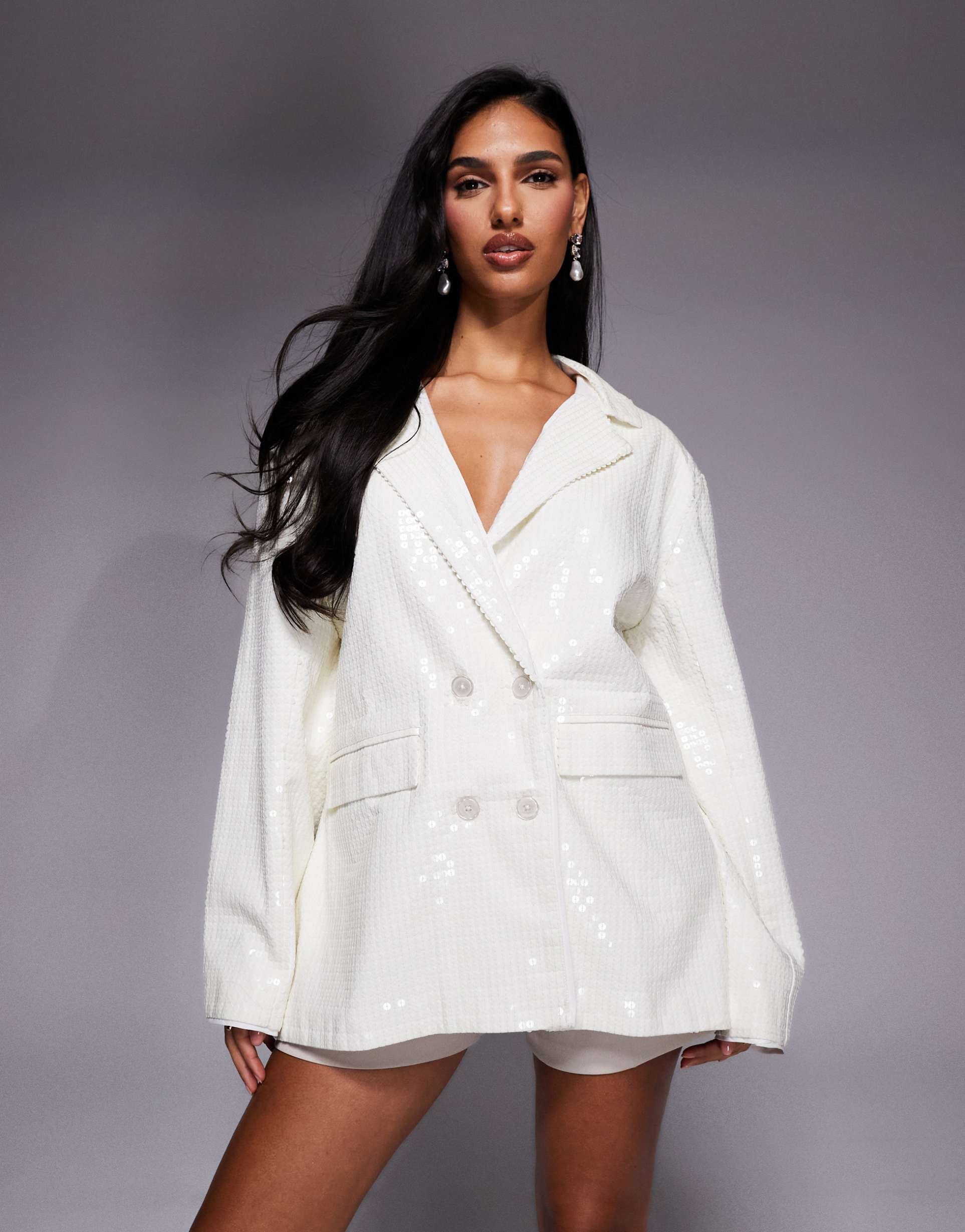 asos luxe oversized sequin blazer dress in white