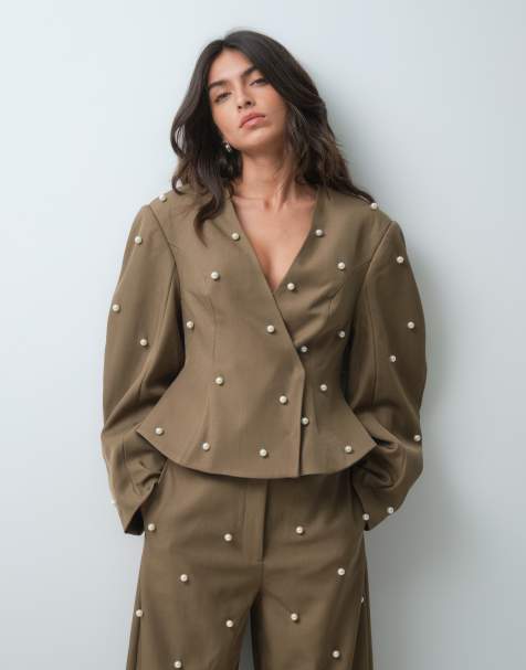 ASOS LUXE ovoid sleeve pearl trim blazer co-ord in khaki - view 1