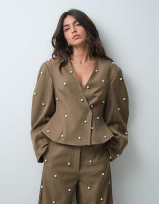 Asos Luxe Ovoid Sleeve Pearl Trim Blazer Set In Green