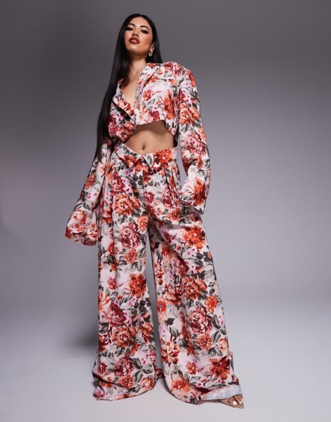 ASOS LUXE - Pantalon ample habillé d'ensemble effet lin imprimé fleurs style tapisserie - view 1