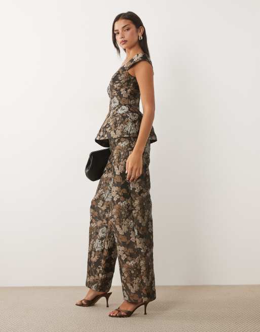 ASOS LUXE - Conjunto de pantalones de pernera barrel y top con escote Bardot y diseño floral de jacquard, 2 de 4