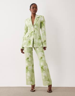 Pantalon de tailleur ajusté d'ensemble à imprimé fleuri flouté - Vert clair-multicolore 36