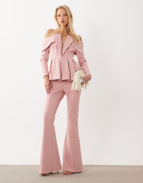 ASOS LUXE - pantalón de traje de conjunto con adorno de perlas en rosa palo - view 1