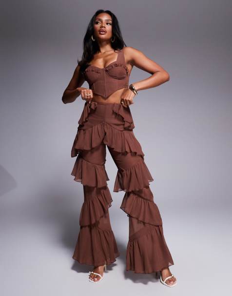 ASOS LUXE - Pantalon d'ensemble bohème à volants en mousseline - Chocolat - view 1