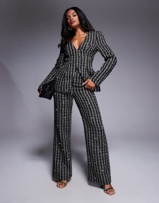 ASOS LUXE - Pantalon d'ensemble en maille bouclée avec perles fantaisie - Noir