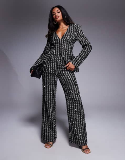 ASOS LUXE - Pantalon d'ensemble en maille bouclée avec perles fantaisie - Noir - view 1