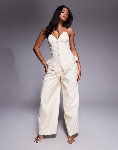 ASOS LUXE - Pantalon d'ensemble plissé ample en PU - Crème - view 1