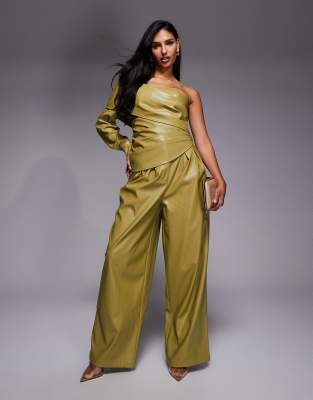 Pantalon d'ensemble plissé ample en PU - Vert olive 42