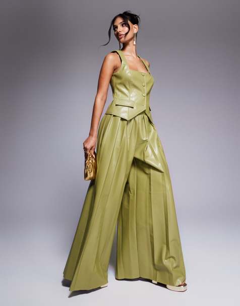 ASOS LUXE - Pantalon plissé ultra large d'ensemble en PU - Olive - view 1