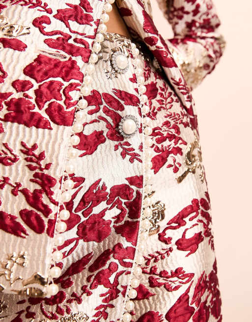 ASOS LUXE - Pantaloncini bordeaux e oro a fiori jacquard decorati con perle, 3 di 4
