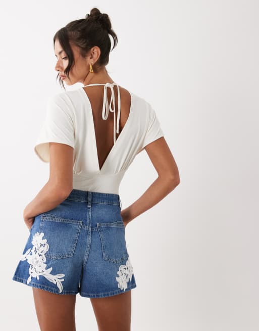 ASOS LUXE - Pantaloncini in pizzo blu con applique, 4 di 5