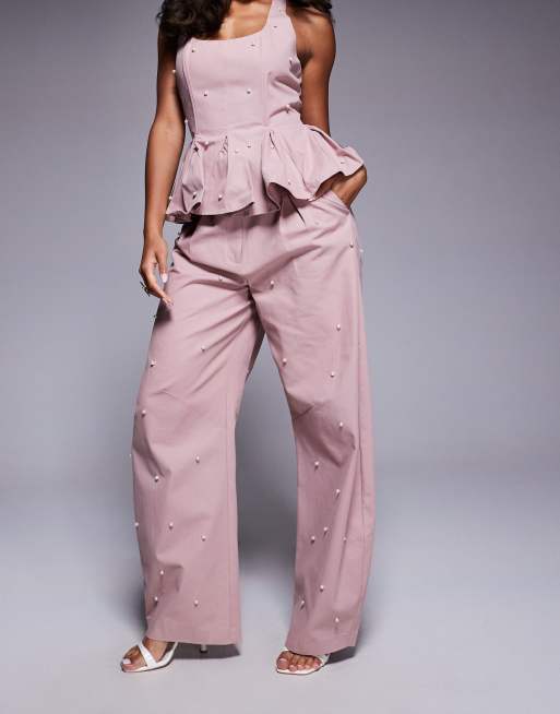 ASOS LUXE - Pantaloni a cilindro in twill di cotone rosa con perle decorative in coordinato, 3 di 5