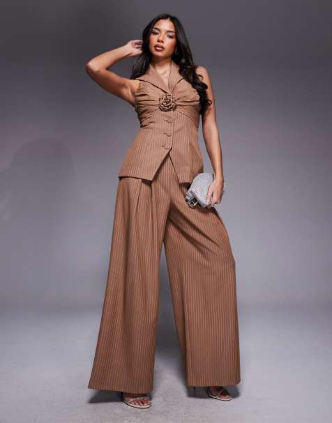 ASOS LUXE - Pantaloni a fondo ampio marrone gessato con fascia in vita arricciata in coordinato - view 1