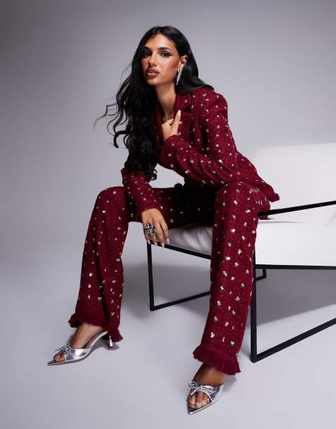ASOS Luxe - Pantaloni a zampa bouclé decorati bordeaux con bordi in piuma sintetica in coordinato - view 1