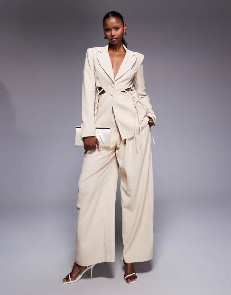 ASOS LUXE - Pantaloni con fondo ampio e blazer in macramè color pietra - view 1