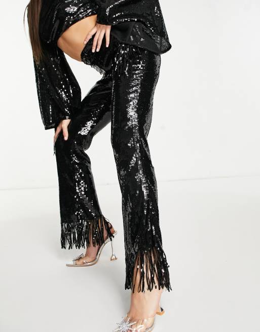 ASOS Luxe - Pantaloni con fondo sfrangiato neri con paillettes in coordinato, 4 di 4
