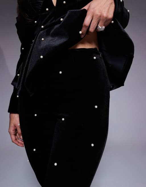 ASOS LUXE - Pantaloni neri in velluto decorati con perle in coordinato, 3 di 5
