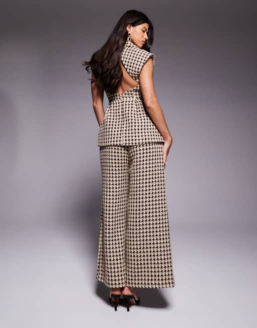 ASOS LUXE - Pantaloni pied de poule color cioccolato in coordinato, 4 di 5
