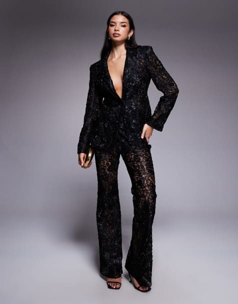 ASOS LUXE - Pantaloni sartoriali a zampa in pizzo neri in coordinato - view 1