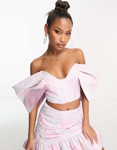 ASOS LUXE – Pastellfärgad crop top i blommig jacquard med korsett, hjärtformad ringning och extrema ärmar, del av set - view 1