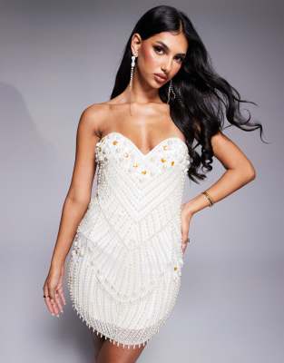 pearl embellished bandeau mini dress in white