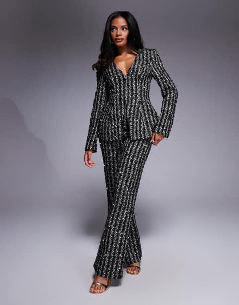ASOS LUXE pearl embellished boucle blazer and pants in black - view 1
