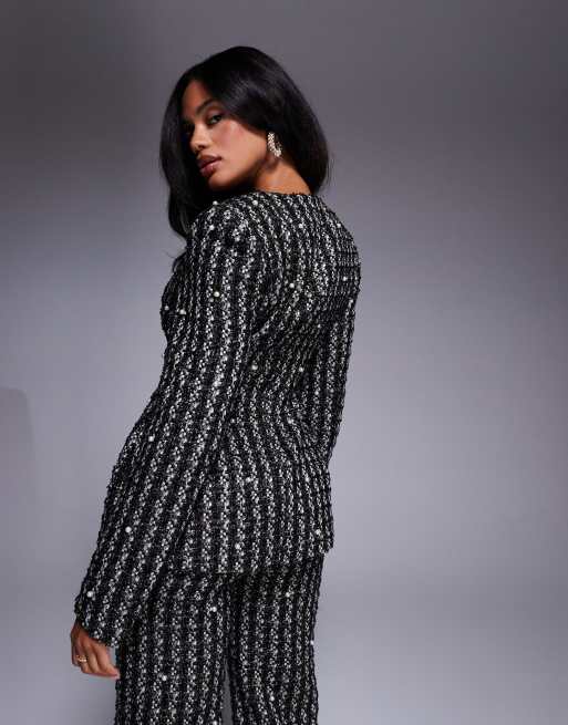 ASOS LUXE pearl embellished boucle blazer in black - part of a set