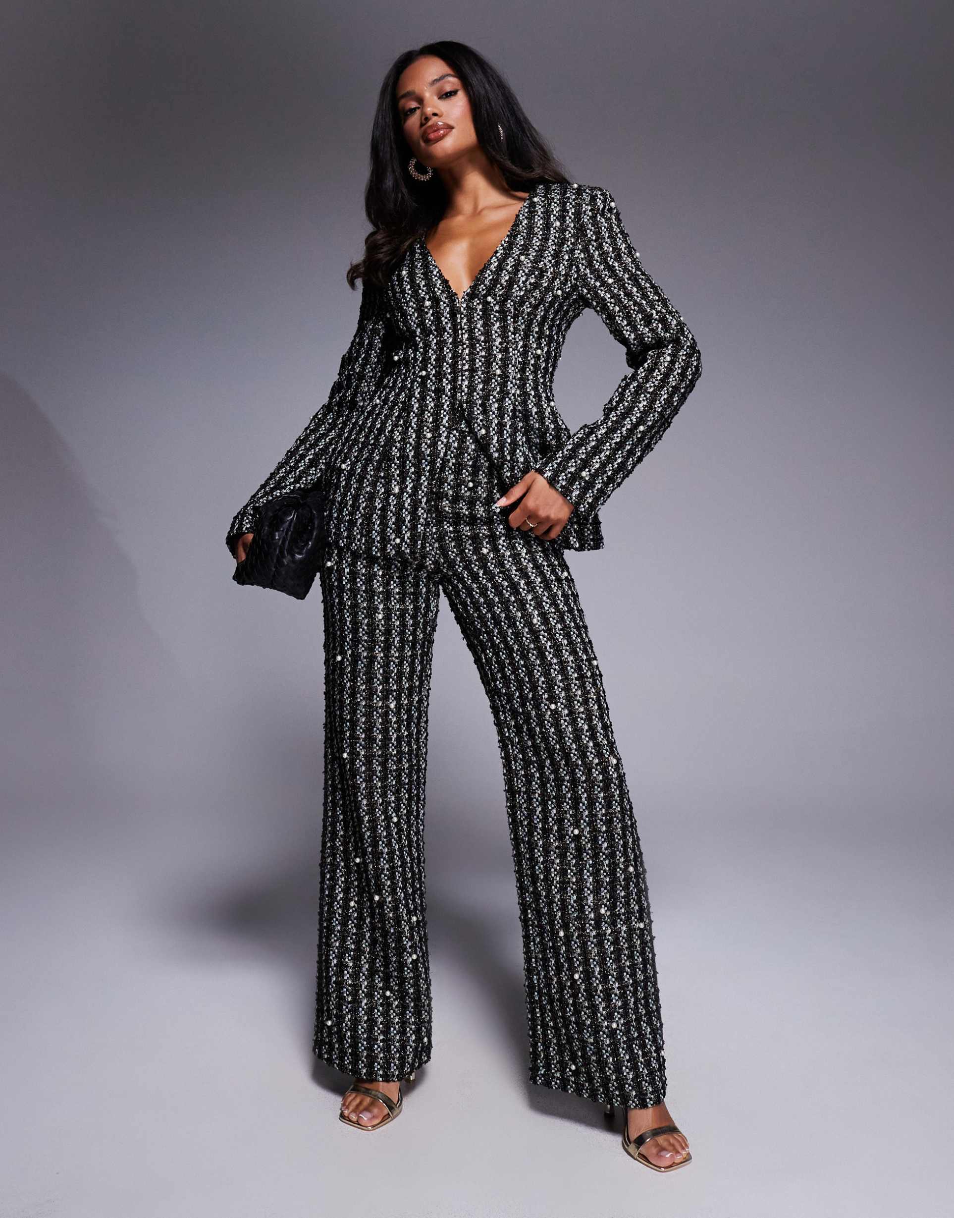 asos luxe pearl embellished boucle pants in black - part of a set