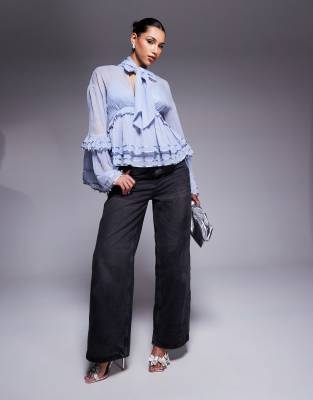 ASOS LUXE PEARL EMBELLISHED CHIFFON EXAGGERATED BLOUSE 