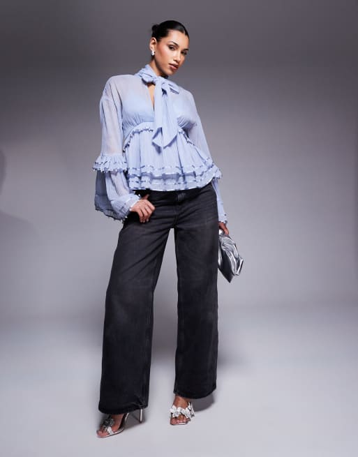 ASOS LUXE pearl embellished chiffon exaggerated blouse in